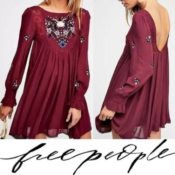 Free People Embroidered Mojave Bohemian Mini Dress in Plum - Picture 3 of 10